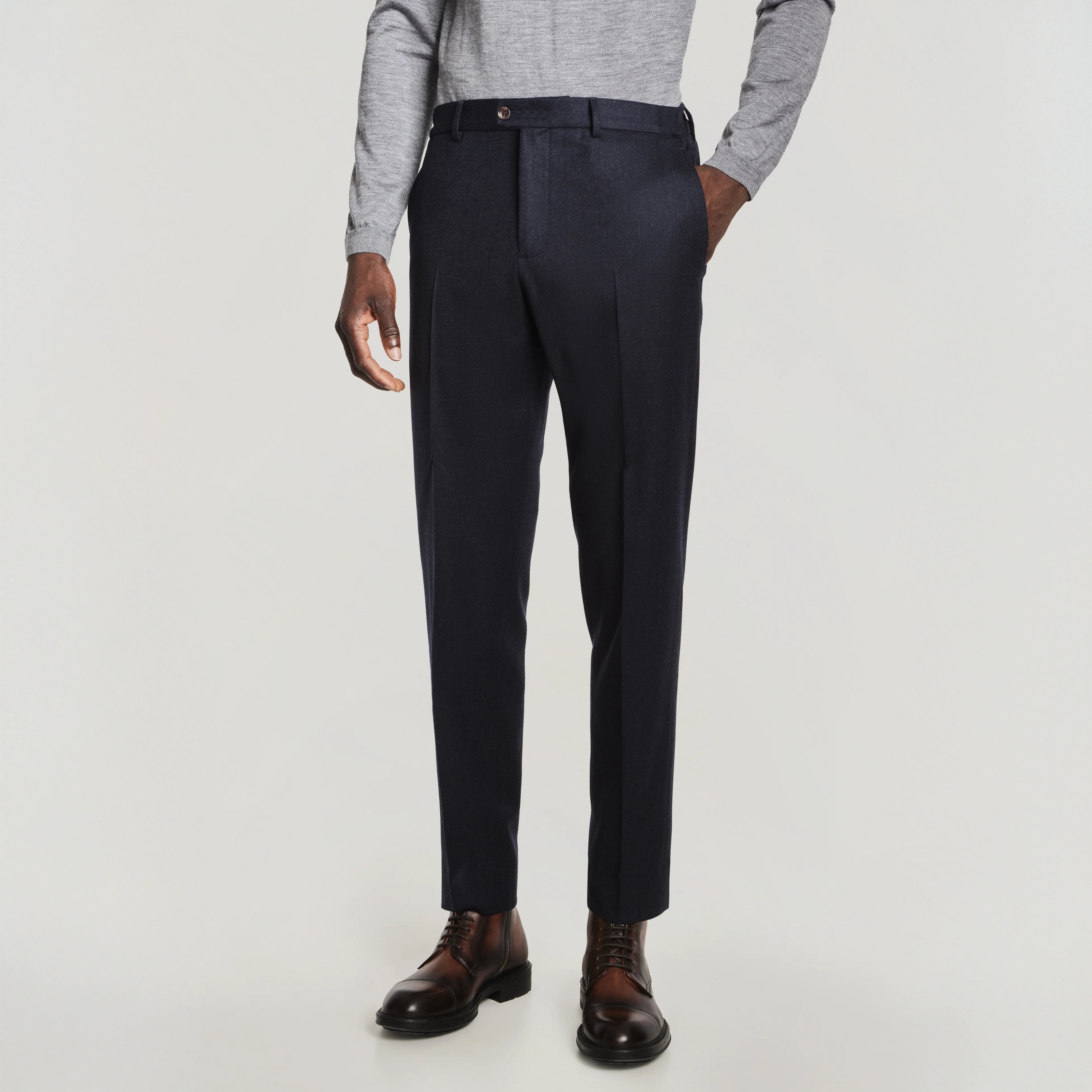 Midnight Blue Flannel Wool Modern Fit Yves Single-Pleat Trousers - Jack Victor