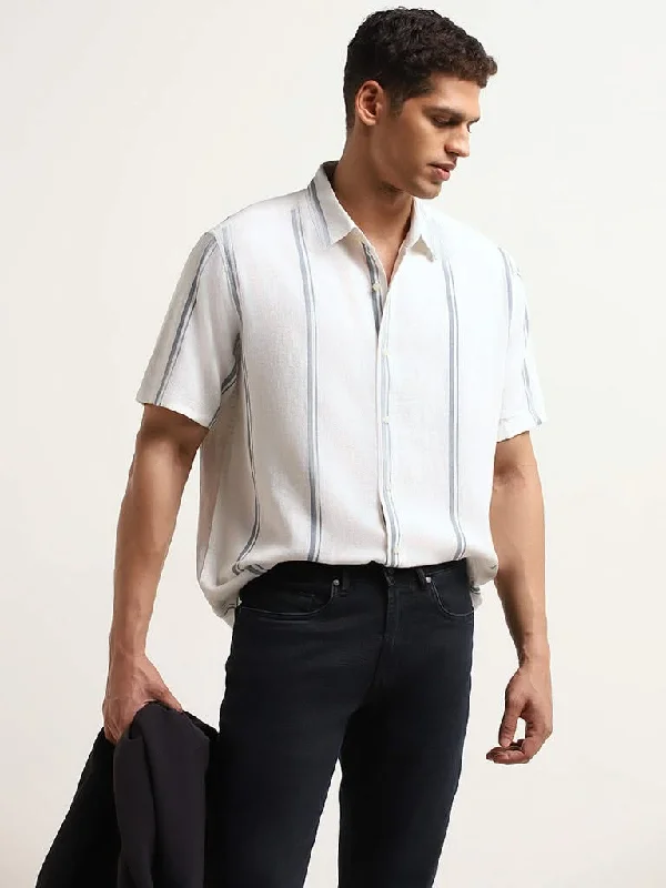 Ascot White Striped Relaxed Fit Blended Linen Shirt