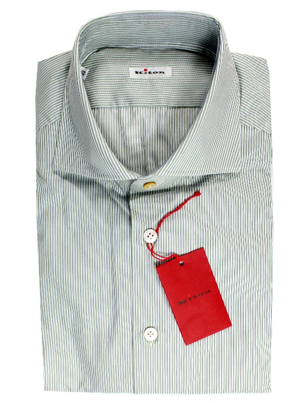 Deal of the Day Kiton Dress Shirt White Green Navy Stripes 43 - 17 SALE