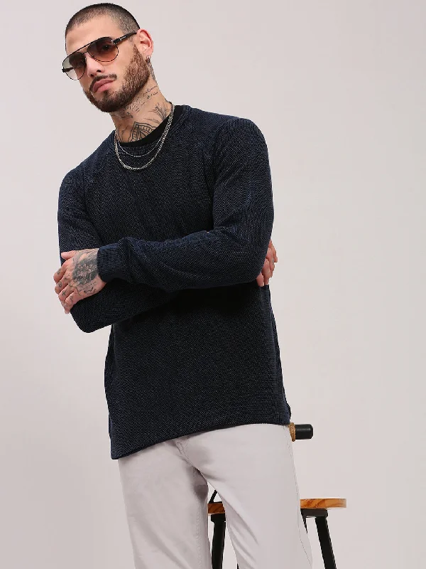 Men Navy Blue Solid Sweater