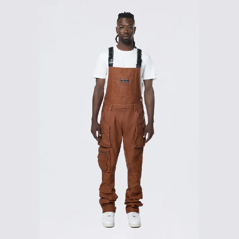 Stacked Vegan Leather Overalls - Washed Brown