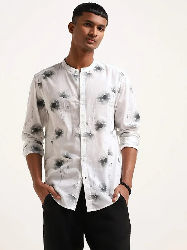 Special Promotion ETA Grey Floral Printed Cotton Resort Fit Grandad Shirt