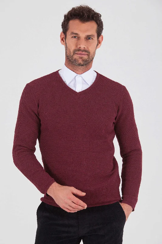 Slim Fit Plain Cotton Blend Khaki V-Neck Sweater, Burgundy