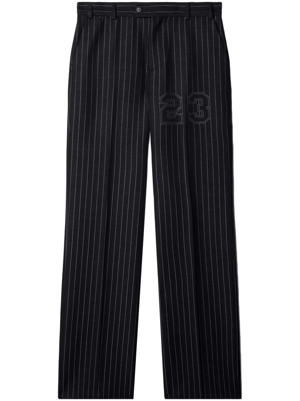 Price Rollback Number-Print Pinstriped Slim-Cut Trousers