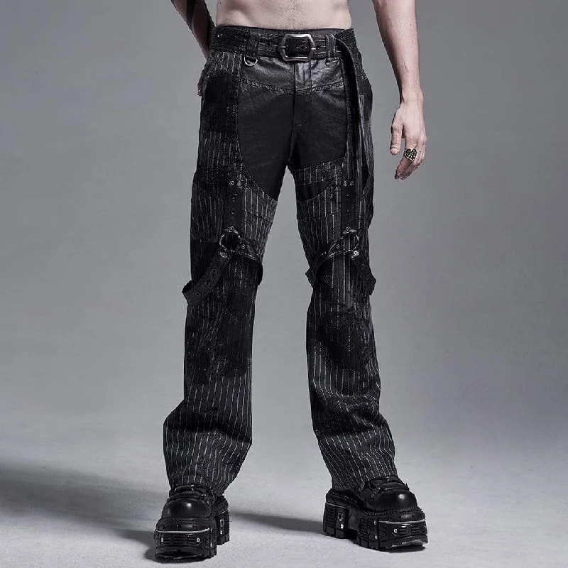 Men's Gothic Faux Leather Splicing  Striped Pants With Harness