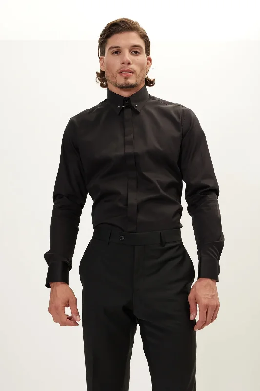 Hidden Placket Pinned Collar Tuxedo Shirt - Black