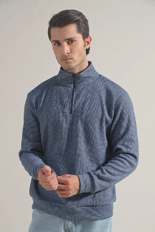 Textured Half Zipper Sweatshirt - Ocean Blue