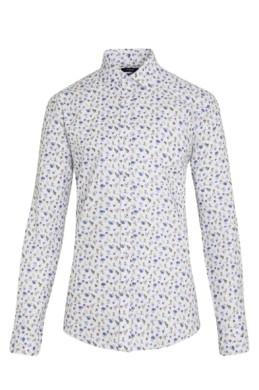 Slim Fit Long Sleeve Printed 100% Cotton White Casual Shirt