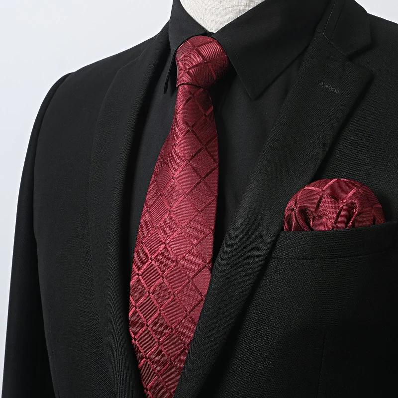 Men's Shirt with Tie Handkerchief Set - 01-BLACK/RED