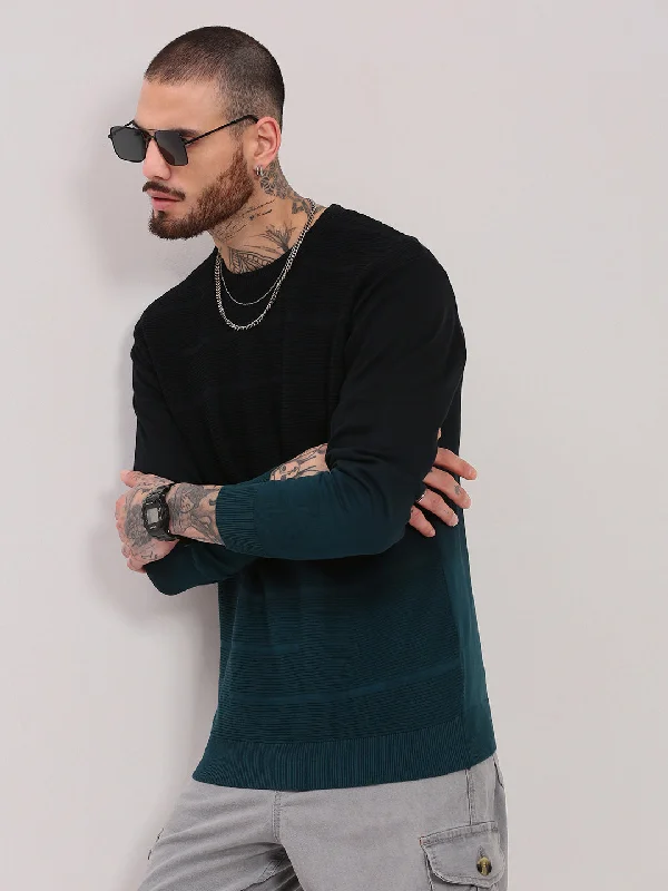 Deal Mania Men Teal Colourblocked Sweater