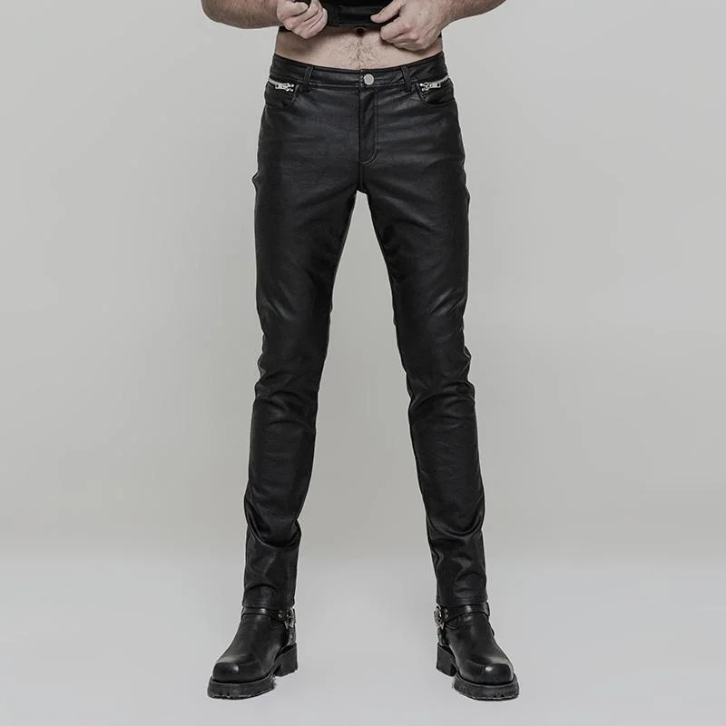 Men's Punk Ruched Faux Leather Skinny Trousers