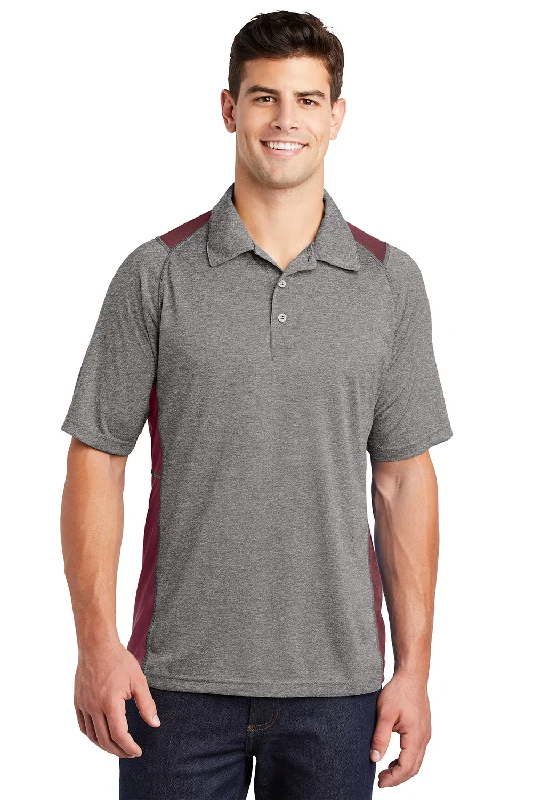 New Deals Sport-Tek Mens Heather Contender Moisture Wicking Short Sleeve Polo Shirt - Heather Vintage Grey/Maroon