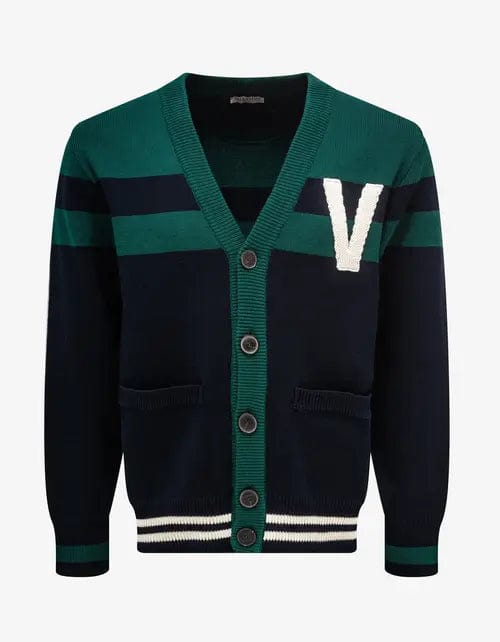 Valentino Garavani Navy Blue & Green V Logo Patch Cardigan