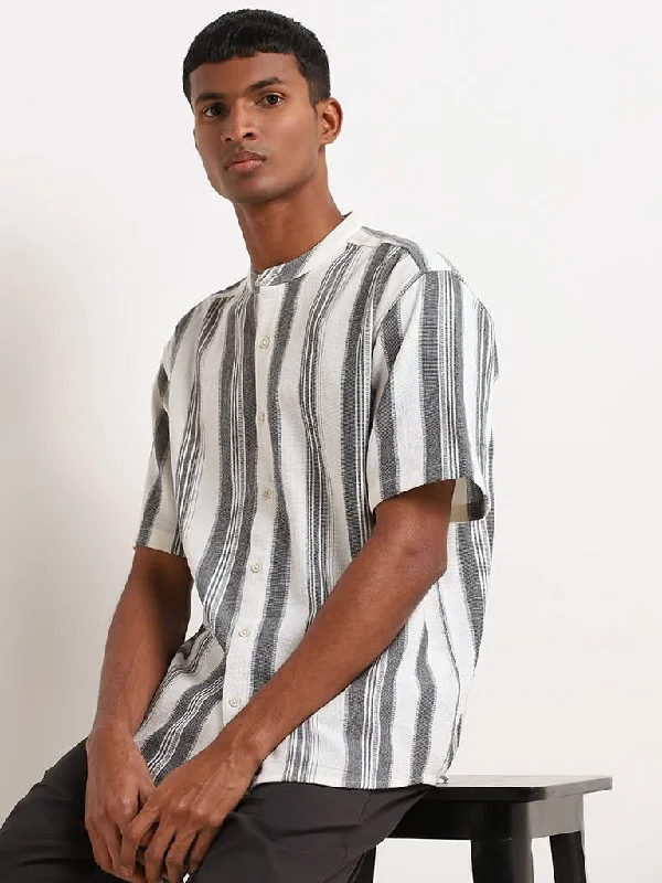 Holiday Sale ETA Black Striped Cotton Relaxed Fit Grandad Shirt