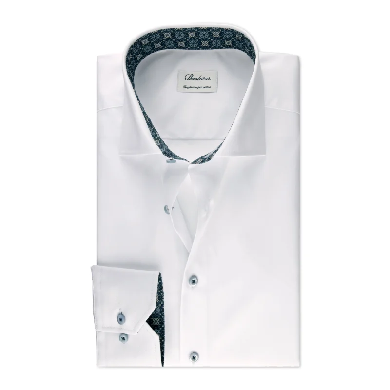 White w/ Blue Geometric Trim Slimline Twill Shirt - Stenströms