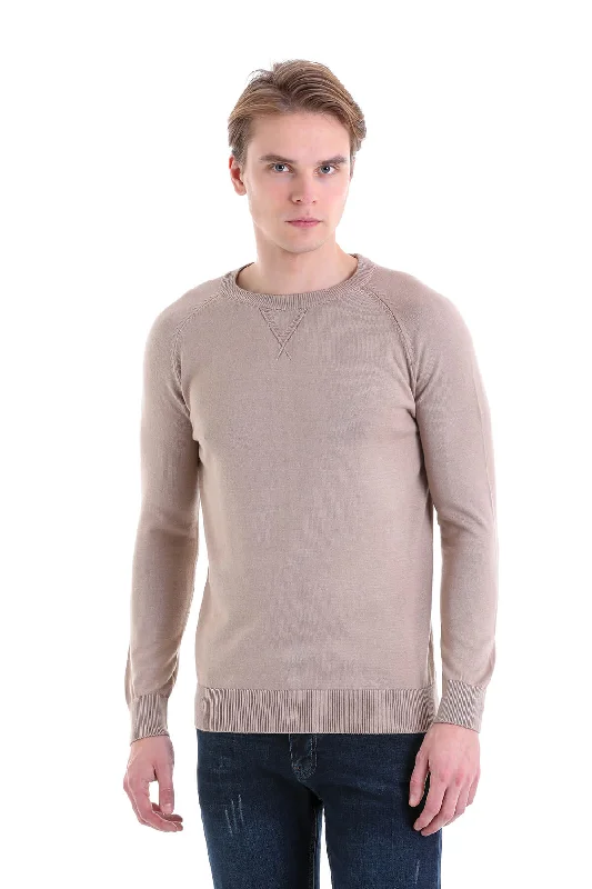 Pay Less Slim Fit Beige Cotton Blend Crewneck Sweater