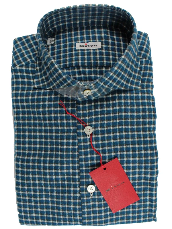 Big Savings Kiton Sport Shirt Teal Check Flannel Cotton - Sartorial 40 - 15 3/4 REDUCED - SALE