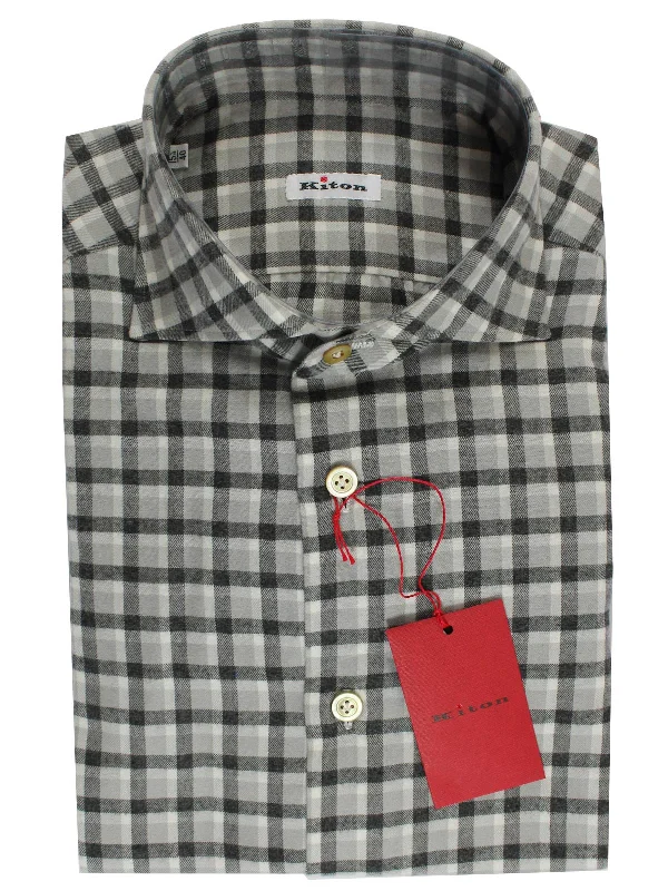 Special Buy Kiton Sport Shirt Gray Check Flannel Cotton - Sartorial 40 - 15 3/4 SALE