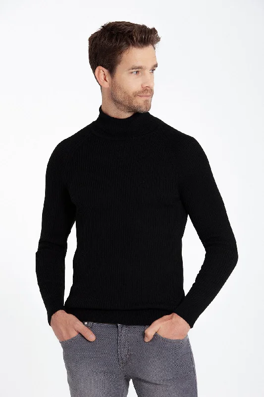 Slim Fit Patterned Gray Turtleneck Sweater, Black