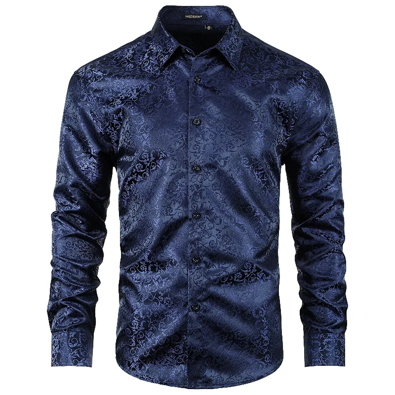 Final Clearance Floral Satin Dress Shirt - 04-NAVY BLUE