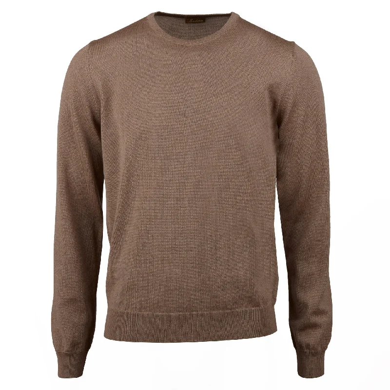 Camel Merino Crew Neck Crew Neck with Elbow Patch - Stenstroms