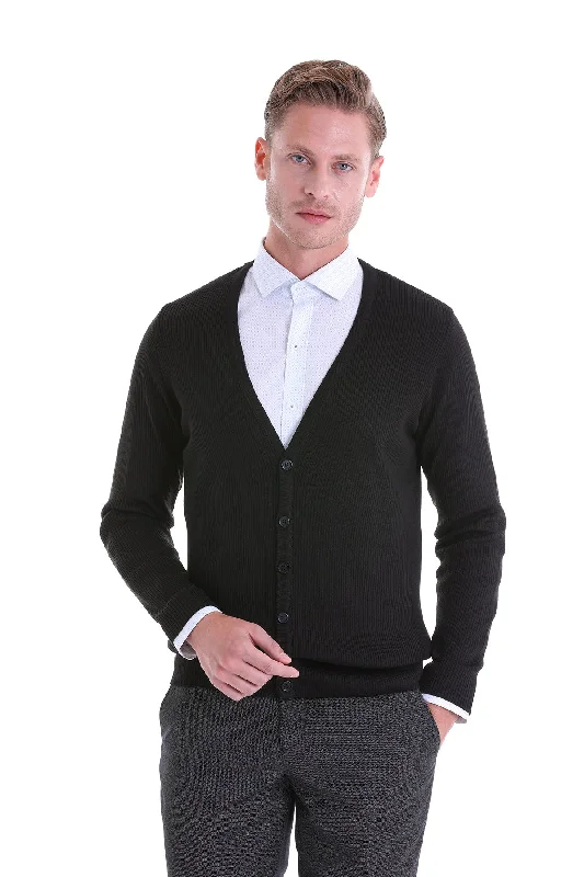 Regular Fit Black Wool Blend Cardigan