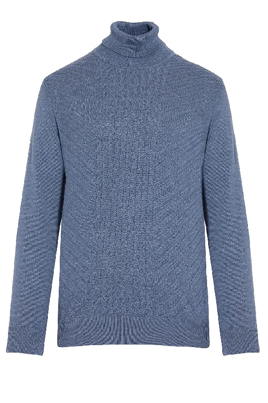 Regular Fit Patterned Cotton Blend Ecru Turtleneck Sweater, Denim