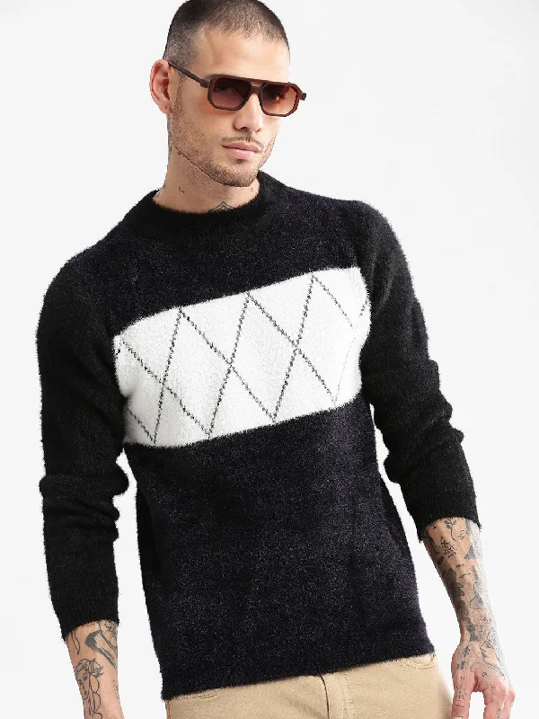 Savings Spectacular Men Round Neck Self Design Black Pullover