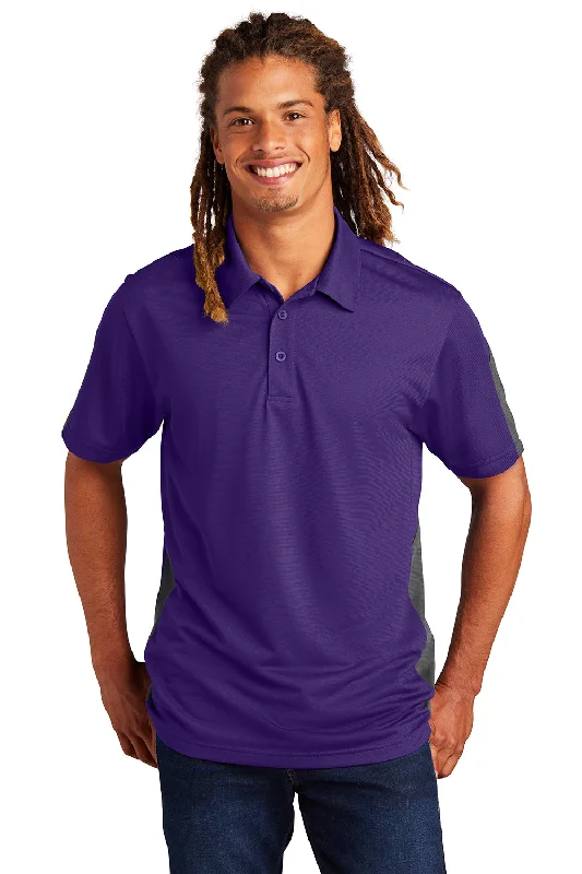 Sport-Tek Mens Active Mesh Moisture Wicking Short Sleeve Polo Shirt - Purple/Grey - Closeout