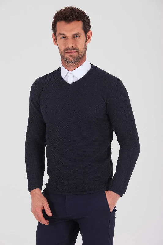 Slim Fit Plain Cotton Blend Khaki V-Neck Sweater, Navy