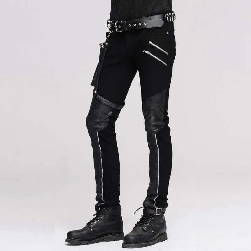 Men's Punk Style Trousers With Faux Leather Patches