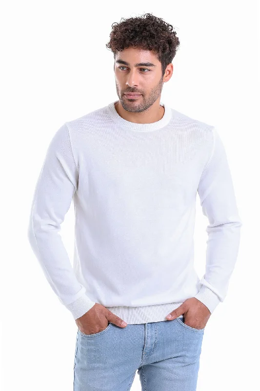 Best Bargains Regular Fit Cotton Ecru Crewneck Sweater