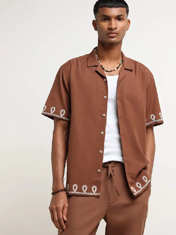 Epic Deals ETA Dark Rust Embroidered Cotton Relaxed Fit Shirt