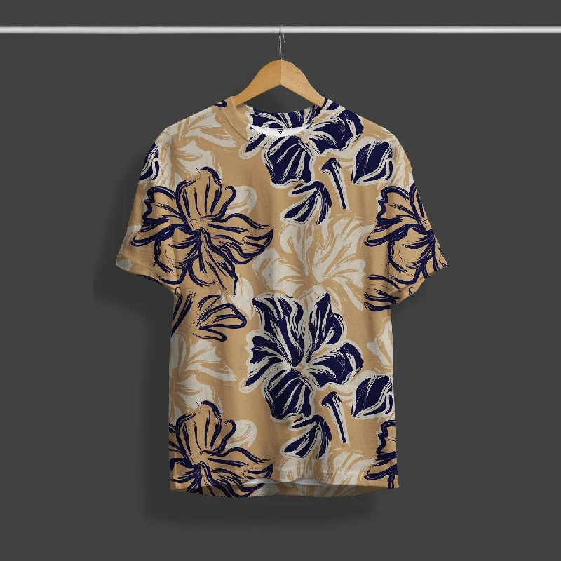 Deal Explosion Big Floral Beige Printed T-Shirt