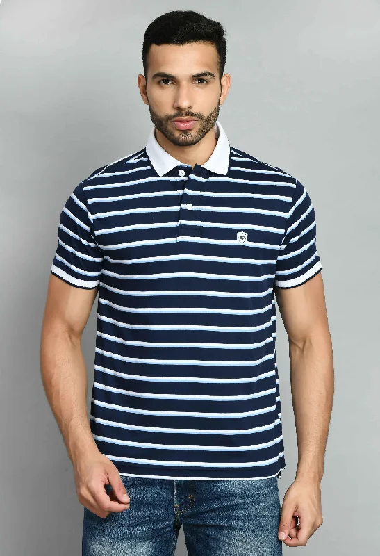 Online Only Men's Striped White Blue Polo Neck Tee