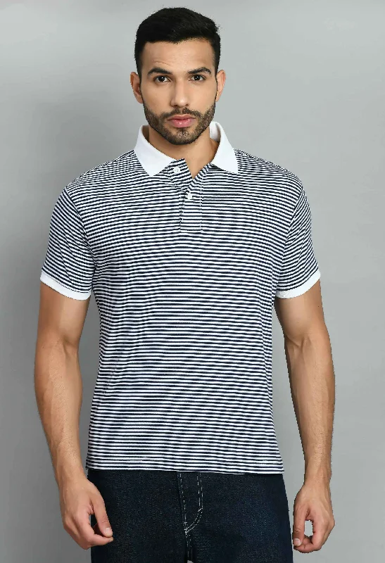 Act Now Men's Striped White Navy Smart Fit Polo Tees