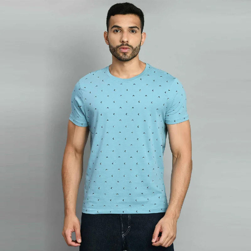 Act Now Sky Blue Printed Round Neck T-Shirt
